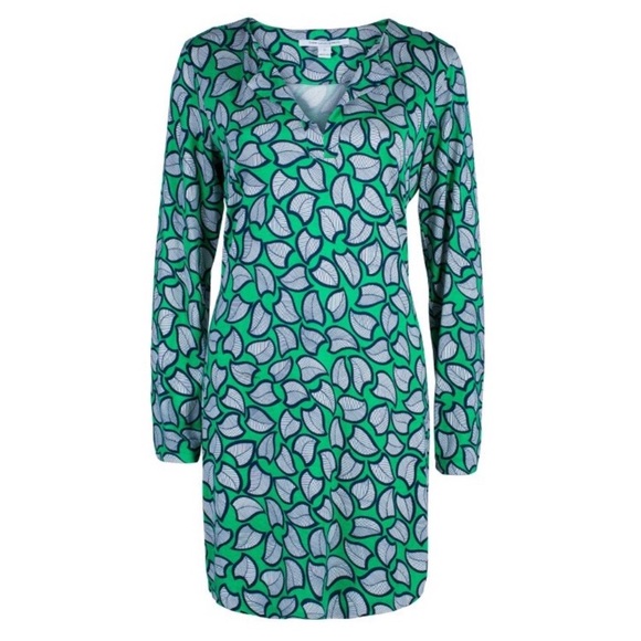 Diane Von Furstenberg Reina Silk Tunic Dress Green Leaf Print Mini DVF Size 6 - Picture 2 of 13